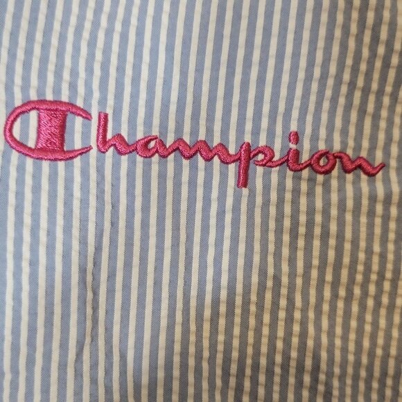 Champion Full Zip Windbreaker Women's Size Medium White Blue Striped Hooded - Picture 3 of 6